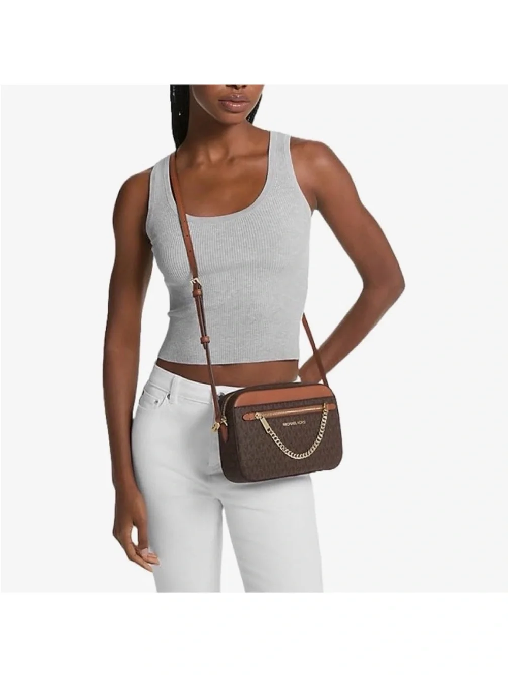 Michael Kors Brown and Tan Signature Crossbody with Gold Chain